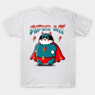 Funny Super Cat Illustration with Superhero Cape, Costume and Mask T-Shirt